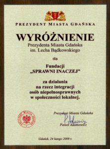 Wyróżnienie od Prezydenta Pawła Adamowicza